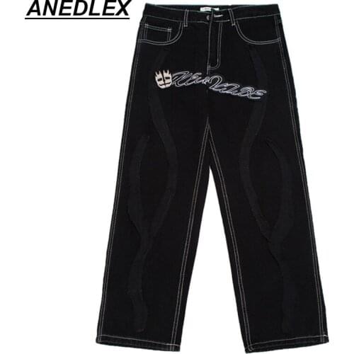 Hip Hop Streetwear Men Retro Skull Letter Embroidery Pants Gothic Jeans Casual Fashion Loose Straight Wide Leg Pants Trousers