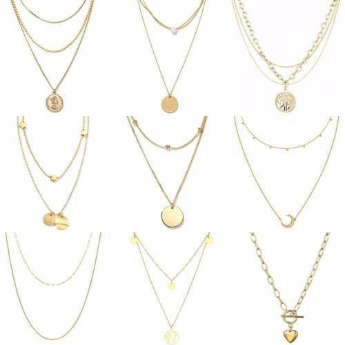 Vintage Multi-layer Coin Chain Choker Necklace Stainless Steel Necklace For Women Gold Silver Color Chunky Necklaces Jewelry