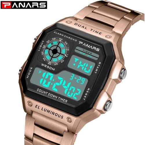 PANARS Fashion Men Sports Watch Stainless steel Watche 50mWaterproof Business Men Clock Electronic reloj para mujer Gold NEW