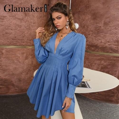 Glamaker Blue v neck women A-line summer dress Women sexy party club holiday beach pleated puff sleeve mini dress
