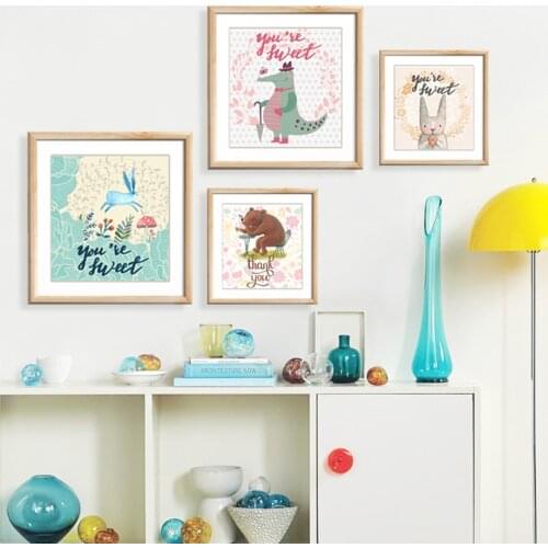 Bunny Bear Cayman Elk Wreath Casual Tea Wall Art Canvas Painting Nordic Posters And Prints Wall Pictures Kids Kawaii Room Decor