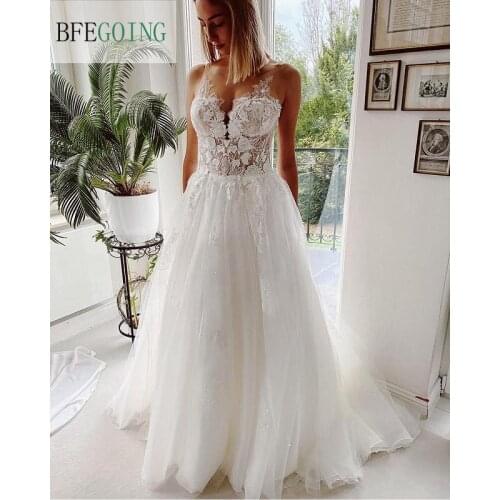 Ivory Organza Lace Spaghetti Straps Floor-Length A-Line Wedding Dress Chapel Train V-Neck Bridal Gowns Custom Made