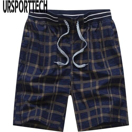 Mens 100% Cotton Short Casual Plaid Print Beach Shorts Elastic Waist Underwear Summer Loose Breathable Beach Pants Boxers Shorts