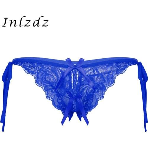 Mens Lingerie G-string Lace-up T-back Panties Crotchless Sissy Underwear Low Waist Floral Lace Erotic Sexy Thong Briefs for Sex