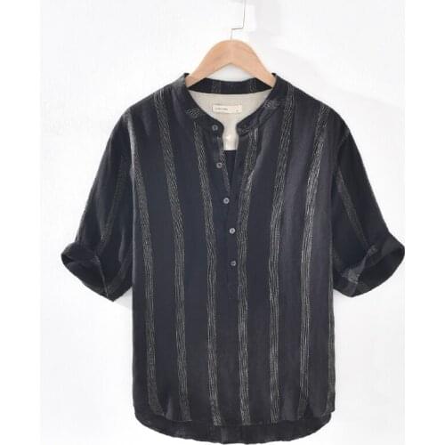 Summer new stand collar striped 100% linen black shirts men casual comfortable trendy shirt for men chemise camisa tops mens