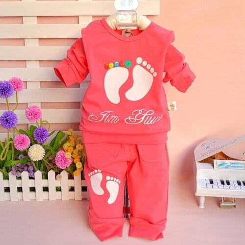 New Autumn Spring baby girls boys clothes set, T-shirt +pants 2pcs/set footmark or cat chldren clothes suits active