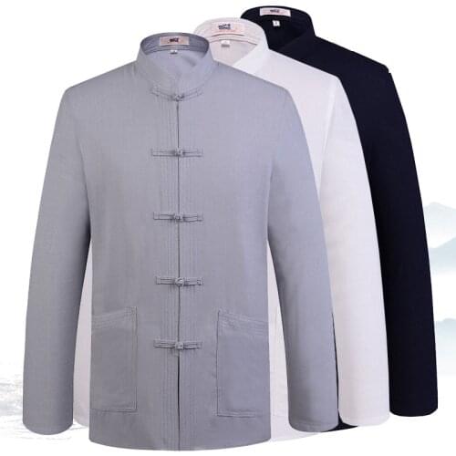 Solid color Tang suit Chinese mens long-sleeved stand-up collar linen shirt male Hanfu jacket with pocket large size tai chi