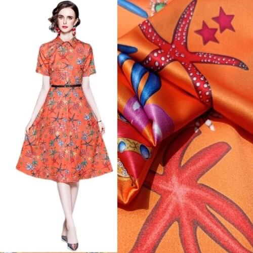 Orange Starfish Haibei Brand Designer Sewing Fabric Imitation Silk Stretch Satin Polyester Digital Printing Material For Dress
