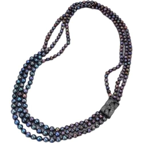 GG Jewelry 29'' 3 Rows 10mm Black Pearl CZ Connector Necklace