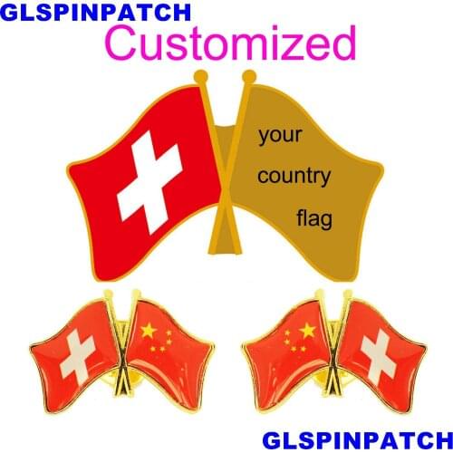 Switzerland Crossed Friendship Flag Double Country lapel pin Brooch USA UK France Chile Russia Saudi Arabia Japan Spain Badge