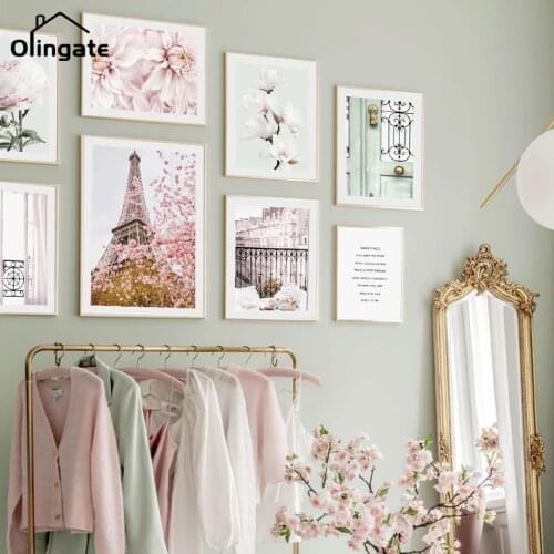 Modern Flower Paris Quote Line Pink Cherry Wall Art Nordic Posters and Prints Canvas Painting One Piece Wall Pictures Home Decor