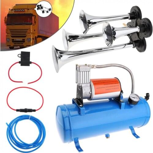 4 Trumpet Universal Car Air Horn 150psi 12V 6L Mini Electric Air Horn Compressor Kit Blue Tank Gauge for Car Train Truck