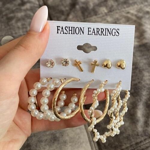 Vintage Pearls Earrings Set For Women Oversize Round Circle Dangle Earrings Geometric Metal Punk Earring 2021 Ear Jewelry Gift