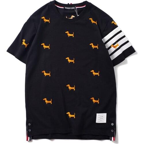 TB THOM Brand Women T-Shirt Short Sleeve Men Top Casual Cotton Embroidery Dog High Quality Stiped Soft Korean Design Couple Wear