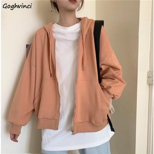 Hoodies Women Hooded Zipper Solid Loose Chic Korean Style Streetwear Autumn Students All-match BF New Stylish Ulzzang Sweatshirt