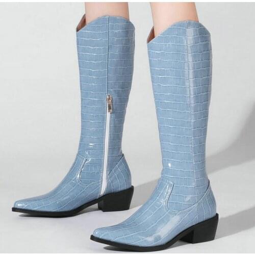 Black White Blue Brown Women Knee High Comfortable Square Heel Pointed Toe Ladies Western Boots PU Leather Side Zipper Boots