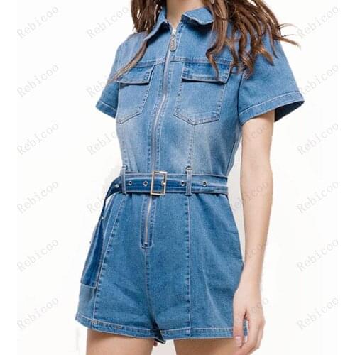 Summer Style Ladies Romper Sexy Lacing Zipper Pocket Short Jumpsuit Playsuit Long Sleeve Blue Denim Women Rompers