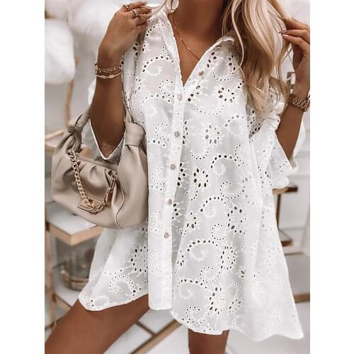 2021 Newest Women Sexy Hollow Out Shirt Dress Ladies Elegant Solid White Buttons Mini Dress Casual Turn-Down Collar Loose Dress