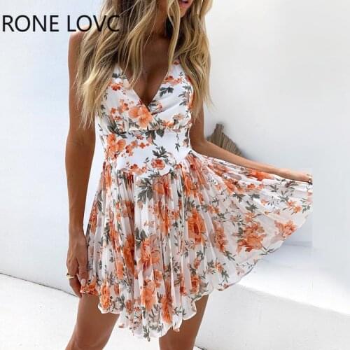 Women V-Neck Spaghetti Strap Open Back Floral Pleated Mini Dress Summer Dress Elegant Dress Party Dress