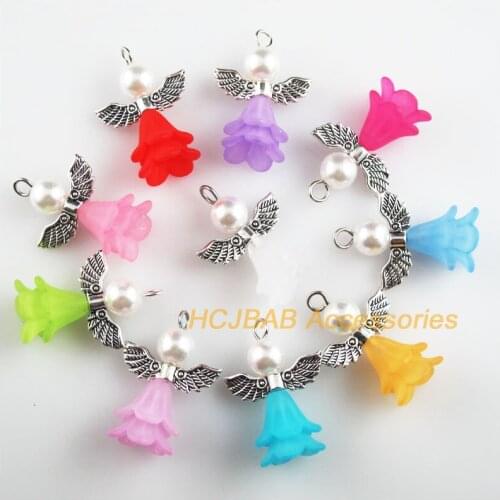 10 New Lovely Angel Charms Mixed Acrylic Tibetan Silver Wings Pendants 21.5x30mm