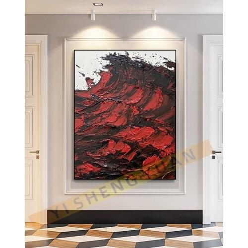 100% Hand Painted Abstract Oil Painting Three-Dimensional Red black Sea Waves Modern Wall Art Luxury Picture for Living Room