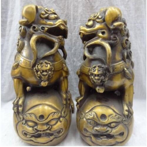 13" Chinese Bronze FengShui Wealth Coin Foo Fu Dog Lion Ball PiXiu Statue Pair