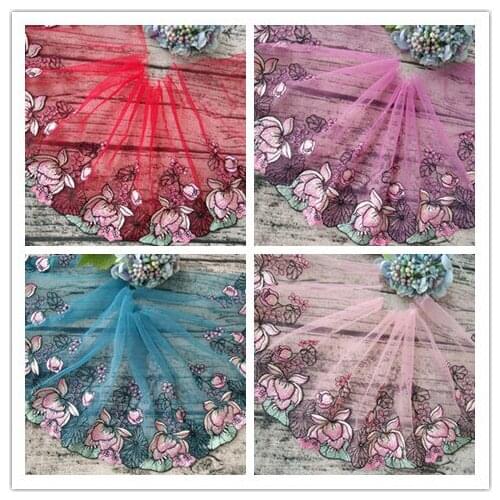 13Yards Handmade Hair Decoration Wide 22cm Lace Trim Red Green Flower Mesh Fabric Ribbon Wedding Dress Skirt Dolls Dress