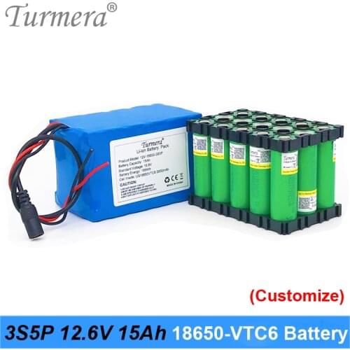 Turmera 12V 15Ah 3S5P VTC6 3000mAh battery with 40A BMS for uninterrupted power supply 12V Rechargeable Lithium Battery Pack Use