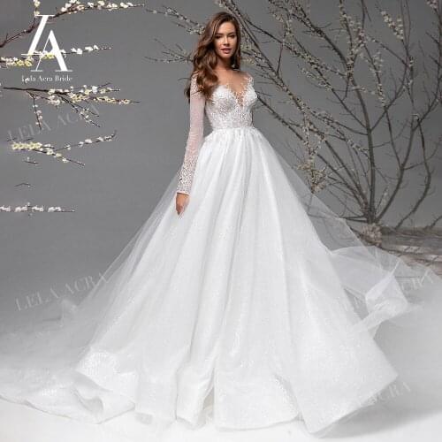 Brilliant Beaded Wedding Dress V-neck Long Sleeve A-Line Court Train Illusion Princess LelaAcra R007 Bridal Vestido De Noiva