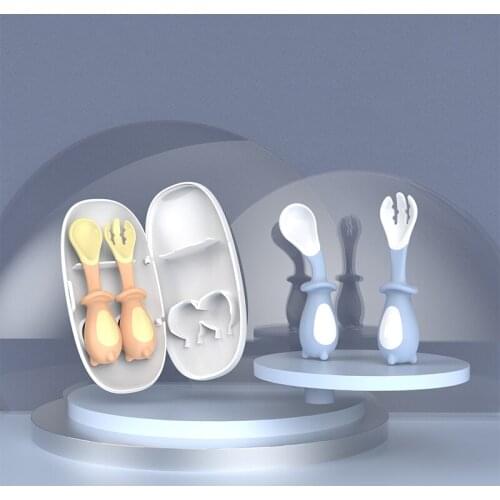 Baby Learn To Eat Training Fork Spoon Baby Food Supplement Elbow Feeding Tableware Twist Fork Spoon Childrens Tableware Set