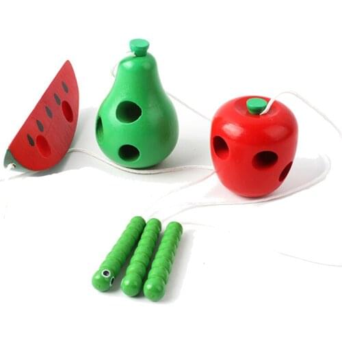Baby Wooden Puzzle Worm Eat Fruit Apple Pear Funny Wooden Threading Toys Montessori Educational Toys For Children