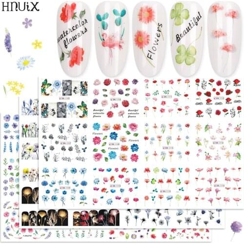 HNUIX 36 pieces flower nail stickers watercolor flowers ink black Rose band stripe pattern sliders filigree Nail Art decor