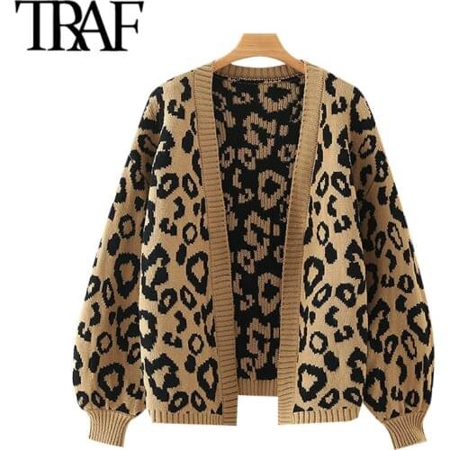 TRAF Women Fashion Leopard Pattern Loose Knitted Cardigan Sweater Vintage Lantern Sleeve Female Outerwear Chic Tops