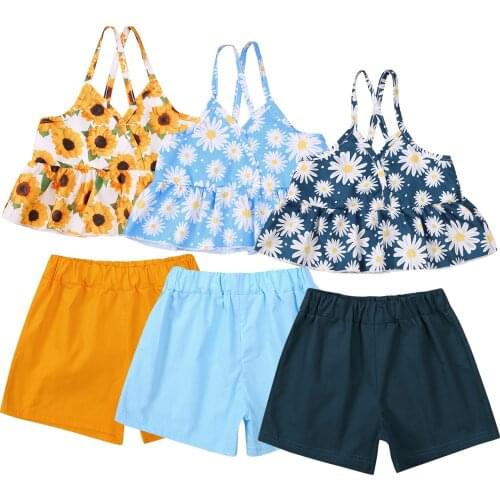 Girl Sets Solid Floral Printed Sleeveless Tops+Shorts Kid Girl Outfit Children Sets Summer Toddler Girls Clothes 1-6Years