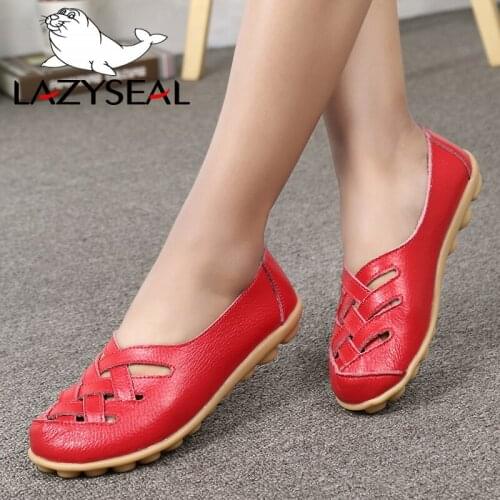 LazySeal Genuine Leather Flats Heel Shoes Woman Cutout Loafer Moccasins Prints Flower Female Casual Mother Loafers Soft Footwear