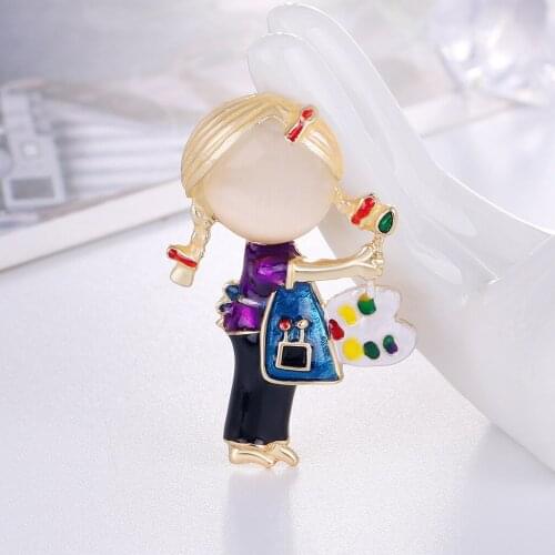 New Opal Enamel Drawing Girl Brooches Women Alloy Painter Art Lover Office Casual Brooch Pins Gifts