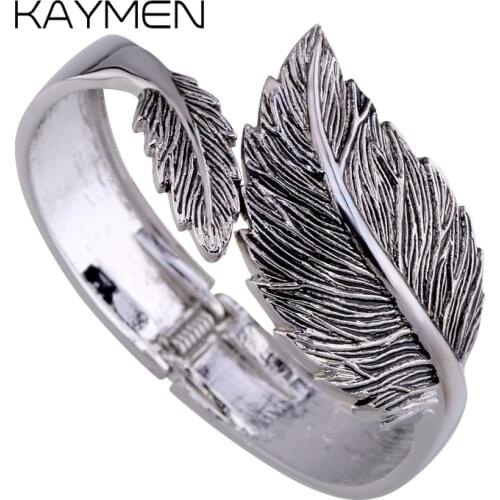New Arrival Kaymen Brand Womens Statement Cuff Bracelet Bangle Antqiue Silver Plated Vintage Leaf Bangle for Wedding