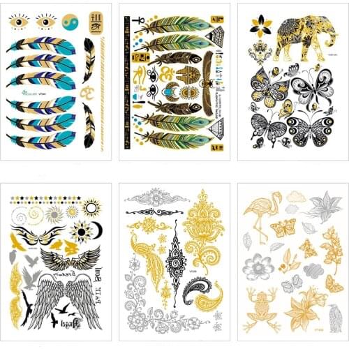 New 21x15cm Hot golden flash tattoos Colorful Sexy feather Gold temporary tattoos