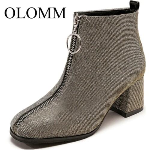 OLOMM ankle boots ladies square heel shoes fashion new ladies wool winter boots ladies zipper shoes LL-61