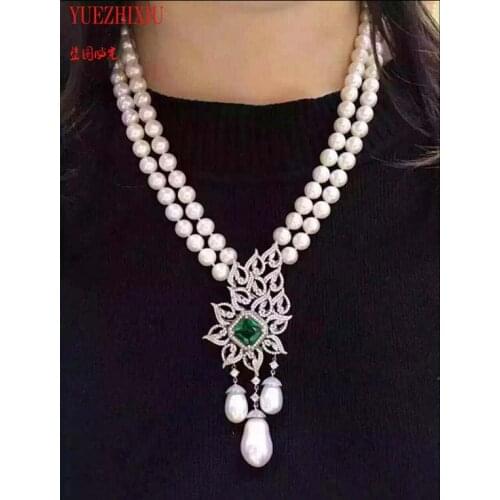 Fresh water Pearl silver full set zircon 8-9mm round double layer womens Necklace