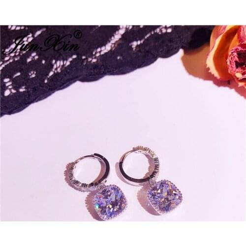 Silver Color Wedding Earrings Small Princess Crystal Hoop Earrings Cute Pink Yellow Red White Zircon Square Earrings For Women