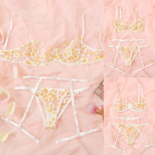 G-string Garter Belt Small Chrysanthemum Embroidery Women Bra Bustier Lingerie Thong Underwear Fashion Perspective Underwear Set