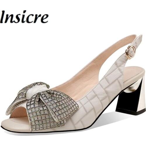 Insicre Stylish Crystal Bow Knots Ladies Slingback Pumps Sexy Peep Toe Fashion Block Heels Buckle Strap Dress Party Shoes