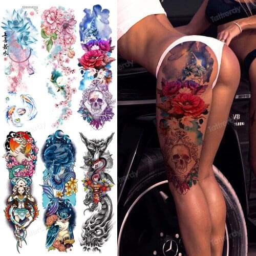 Temporary tattoo peony rose flowers skull fish lotus tattoo designs large thigh leg body tattoos waterproof sexy for women girl