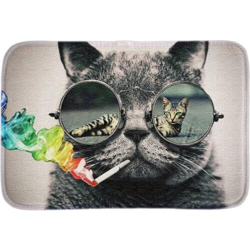 Funny Home Decor Animals Doormat Decor With Smoking Sunglass Stark Raving Cat Soft Lightness Short Plush Fabric Bathroom Mats