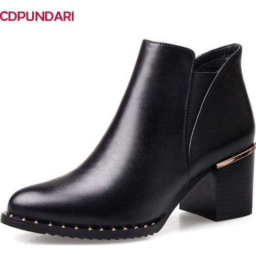 Women Black Genuine Leather High Heels Ankle Boots Ladies Autumn Winter Short Boots Shoes Bottines Femme Botines Mujer