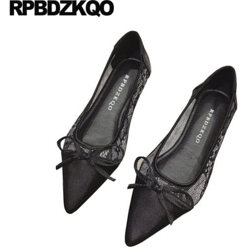 Bow pointed toe breathable black women dress shoes slip on wedding bowtie designer rose gold 2019 party large size mesh flats