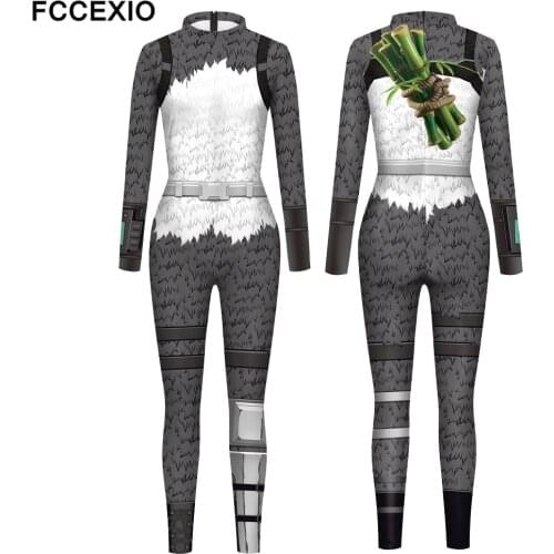 FCCEXIO Carrying Bamboo Print Women Jumpsuit Carnival Fancy Party Cosplay Costume Bodysuit Adults Hallowmas Onesie Outfits