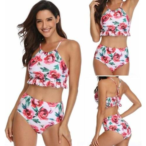Women High Waist Bikini Set Bandage Push Up Print Swimsuit Two Piece Swimwear