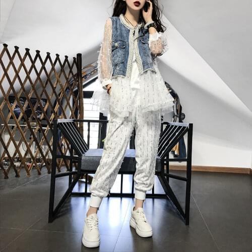 Spring 2-piece Set Fashion Streetwear Denim Jacket Women Pearls Beading Bling Sequines Hio Hop Pants Jogger Pants Two-piece Set